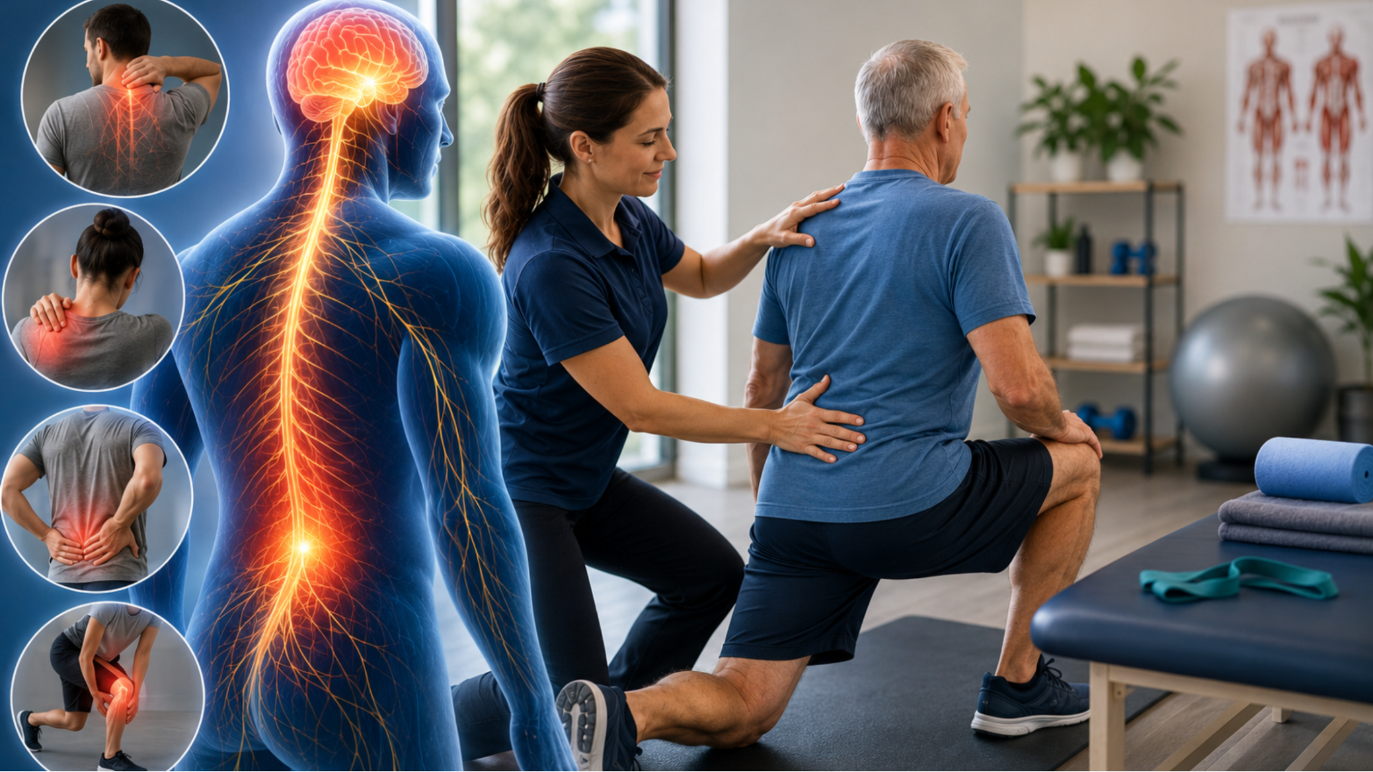 The Role of Physiotherapy in Preventing Chronic Pain 1 Physiotherapist assisting a man with chronic back pain exercises